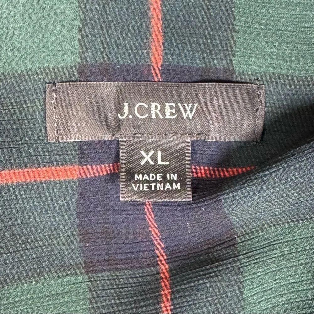 J.Crew Tartan Plaid Tiered Dress XL Green Blue Ruffle Tie Neck Long Sleeve